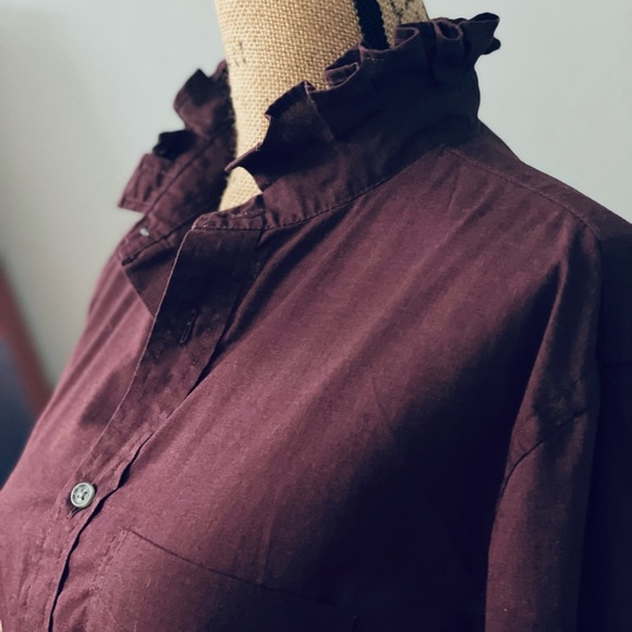 Redid, Redone and Reworked Mens to Ladies Maroon Ruffle Collar Long Sleeve Shirt - Picture 6 of 8